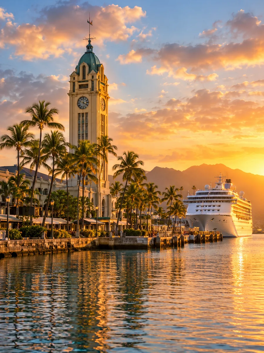 Der Aloha Tower und sein Hafen zur goldenen Stunde, mit Palmen und einem weißen Schiff am Pier