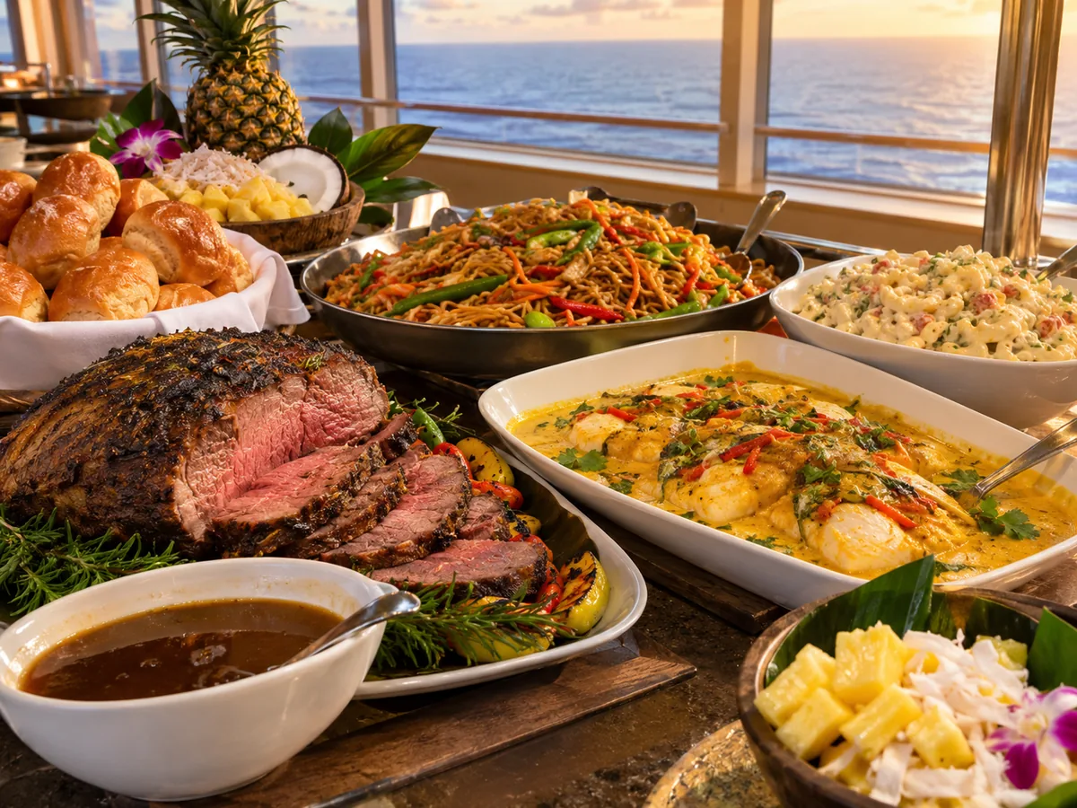 Ein Pacific-Rim-Buffet mit aufgeschnittenem Roastbeef, Fisch in Currysauce, Nudeln und Salaten an einem Schiffsfenster bei Sonnenuntergang