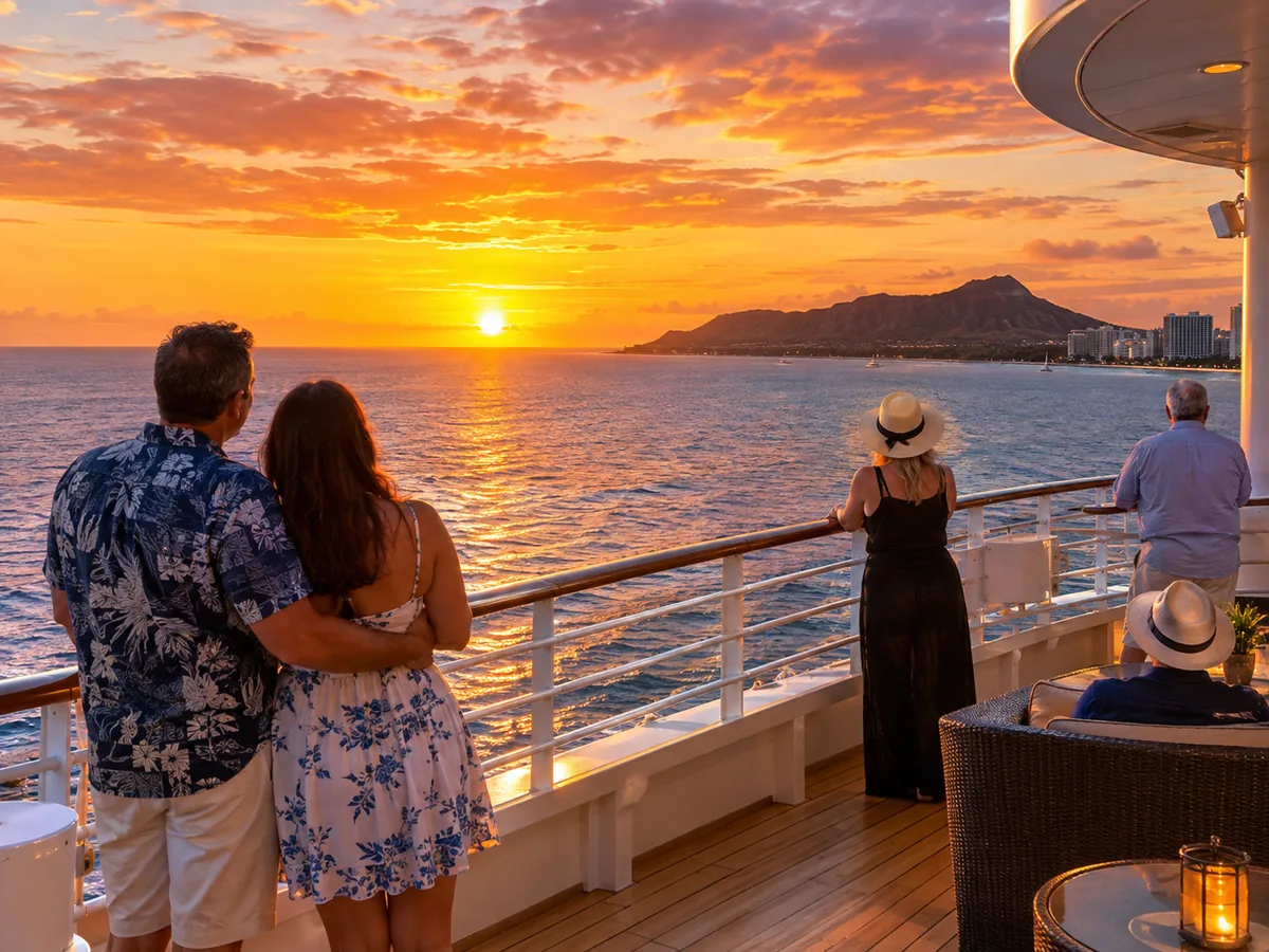 Gäste von hinten auf dem Oberdeck eines Schiffs, die den Sonnenuntergang mit Diamond Head in der Ferne beobachten