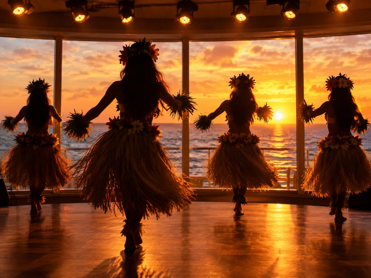 Polynesische Tänzer als Silhouetten vor Fenstern, die im Sonnenuntergang glühen